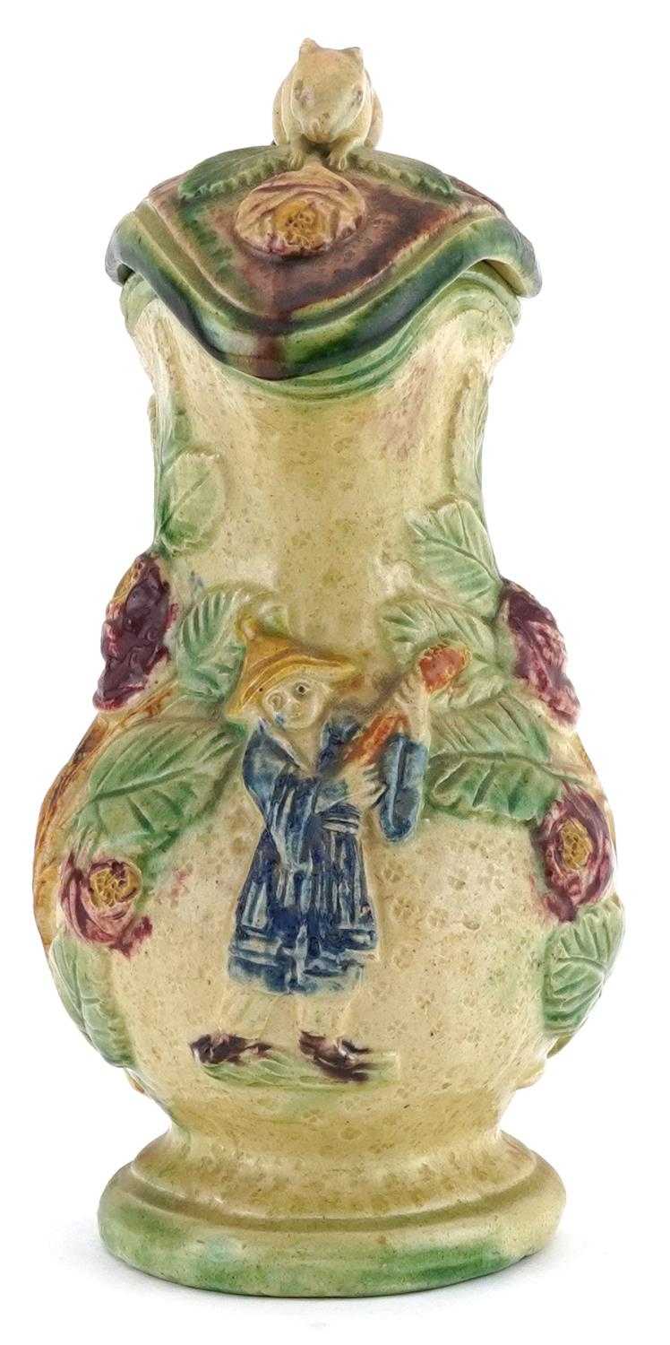 19th century Majolica lidded jug with handle in the form of a Greyhound, decorated in relief with - Image 2 of 5