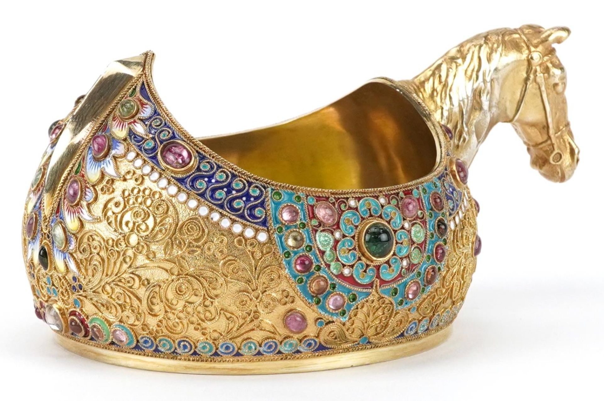 Silver gilt champleve enamel kovsh having a horsehead design handle and set with colourful - Image 3 of 5