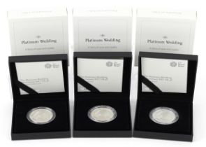 Three Elizabeth II 2017 UK five pound silver proof piedfort coins by The Royal Mint, commemorating