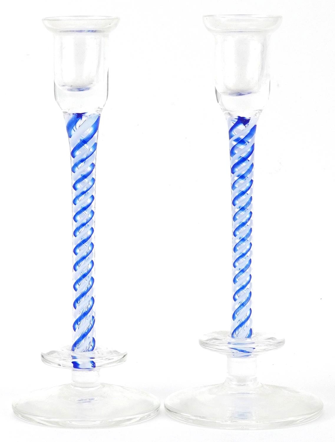 Pair of Langham glass candlesticks with opaque twist stems, each 20cm high