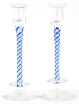 Pair of Langham glass candlesticks with opaque twist stems, each 20cm high