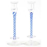 Pair of Langham glass candlesticks with opaque twist stems, each 20cm high