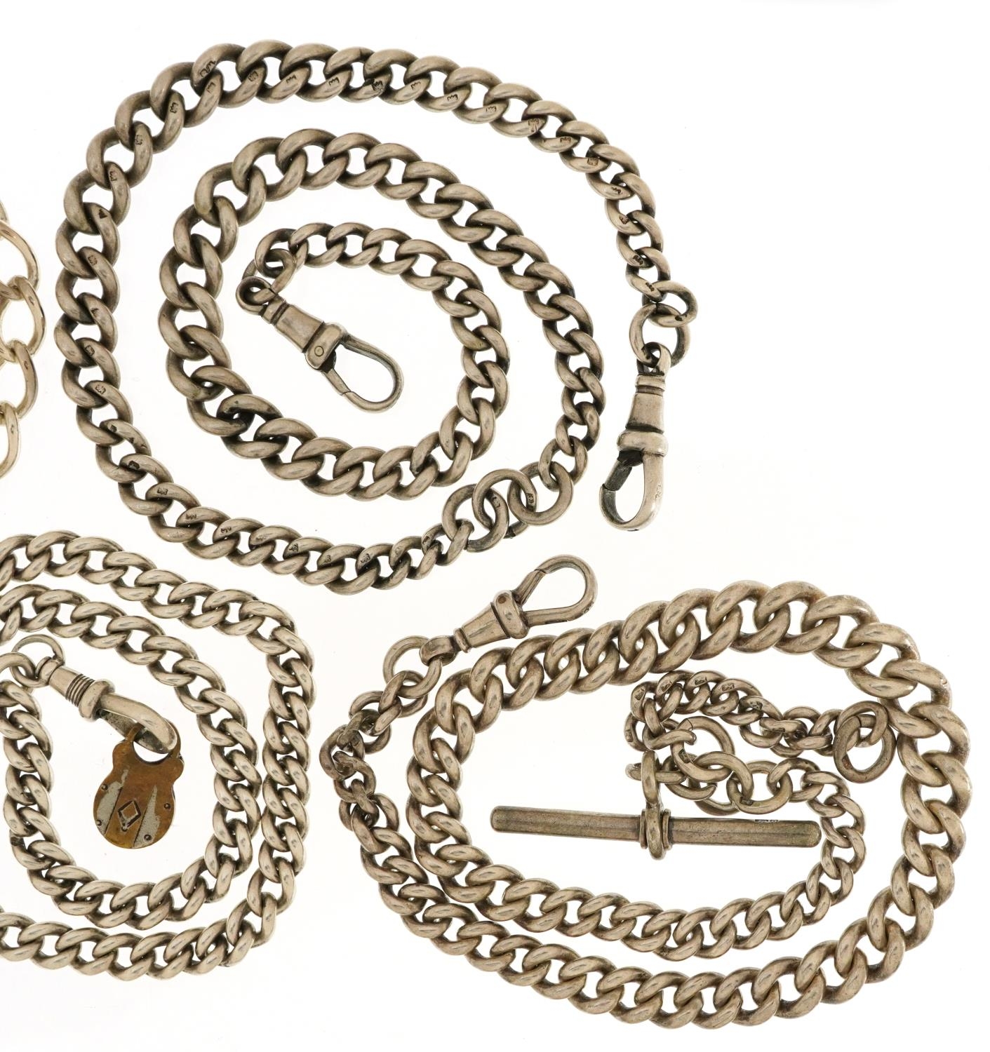 Four silver watch chains, three with T bars, the largest 58cm in length, total 169.5g - Image 3 of 3