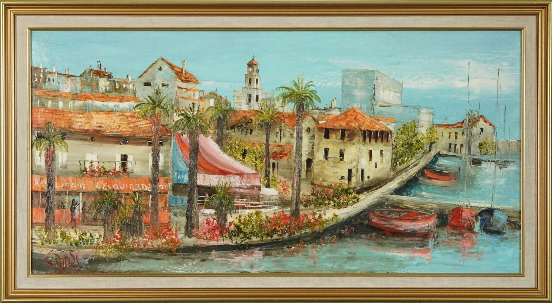 Kripps - Restaurant beside water, continental school oil on canvas, mounted and framed, 79cm x - Bild 2 aus 4