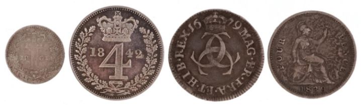 Charles II and later silver coinage comprising Charles II 1679 fourpence, Victoria Young Head 1842
