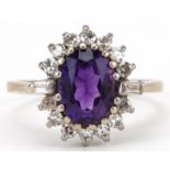 Art Deco style 18ct white gold amethyst and diamond cluster ring, the amethyst approximately 9.0mm x