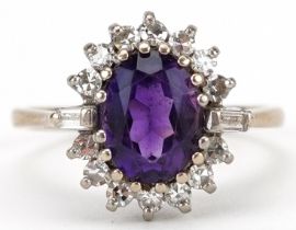 Art Deco style 18ct white gold amethyst and diamond cluster ring, the amethyst approximately 9.0mm x
