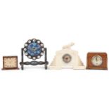 Three Art Deco mantle clocks including a faux tortoiseshell eight day example and a hardwood