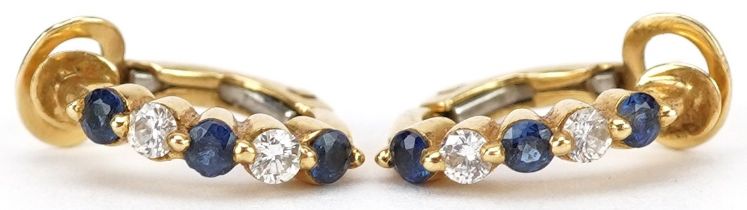 Pair of 18ct gold diamond and sapphire half hoop earrings, the largest diamonds each approximately