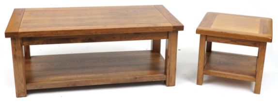 Two contemporary golden oak tables including a centre table, the largest 48cm H x 121cm W x 60cm D
