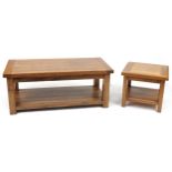 Two contemporary golden oak tables including a centre table, the largest 48cm H x 121cm W x 60cm D