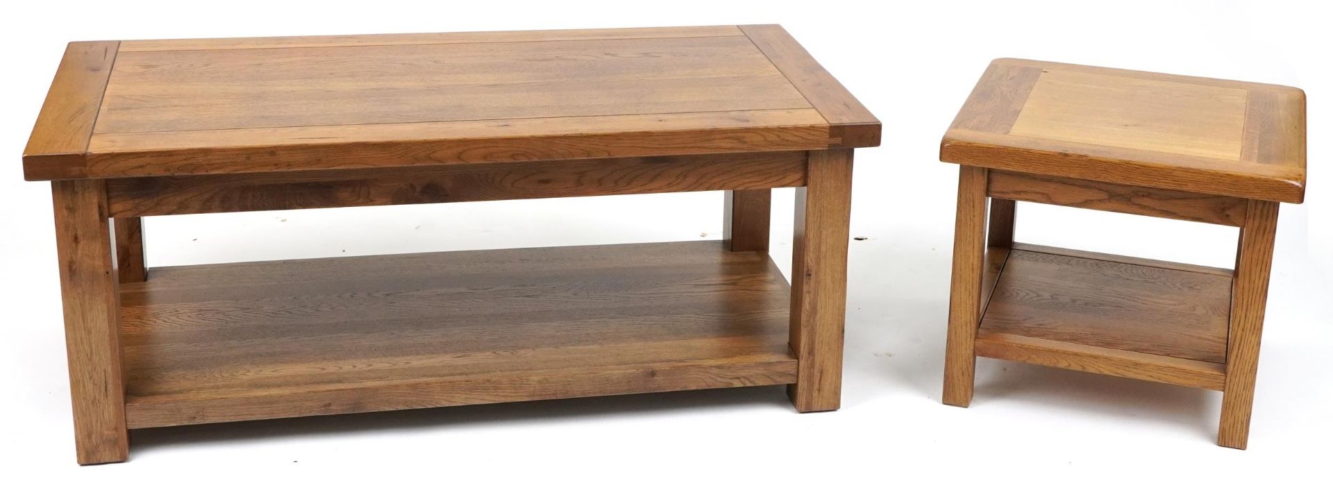 Two contemporary golden oak tables including a centre table, the largest 48cm H x 121cm W x 60cm D