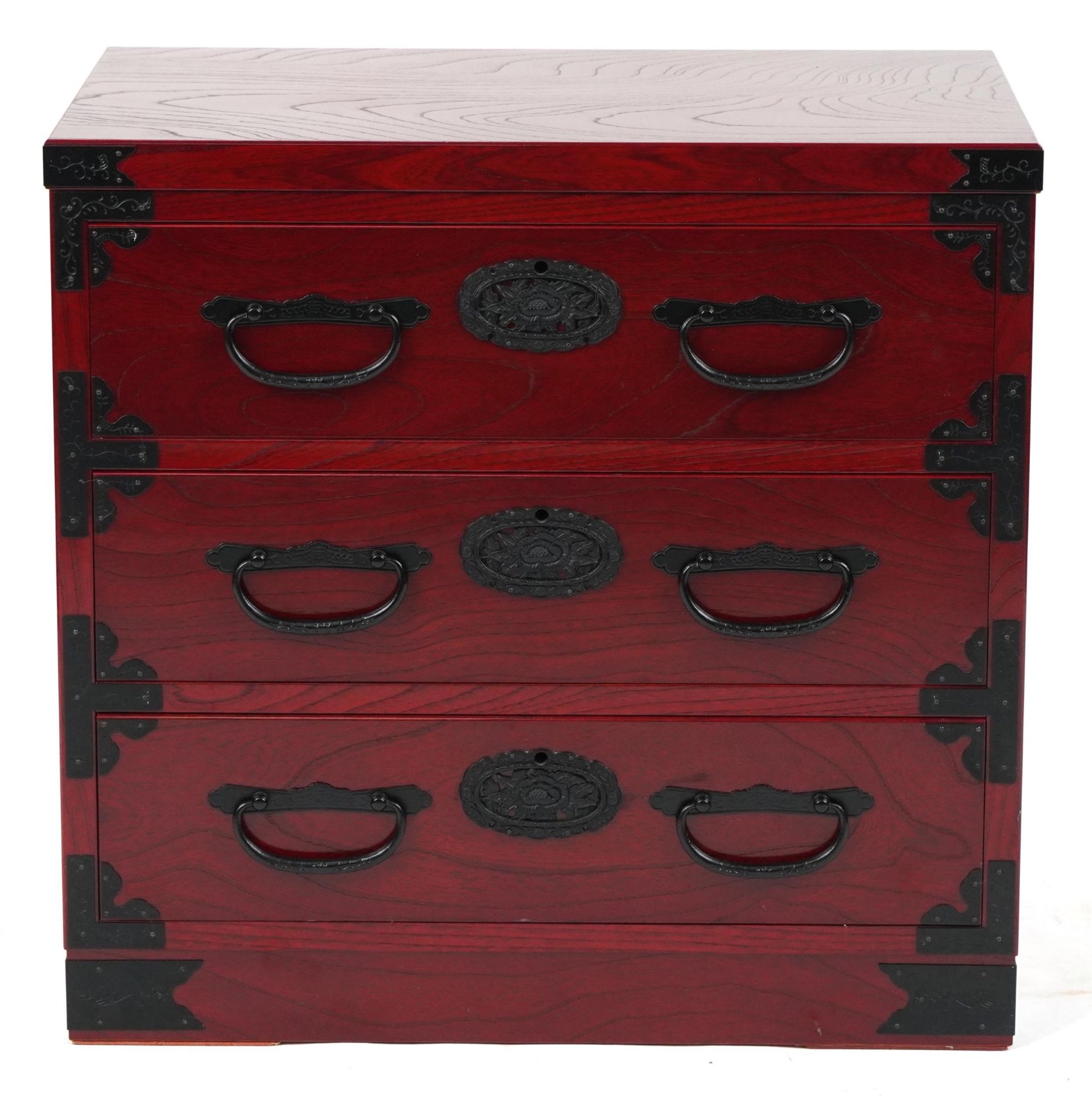 Chinese cherry wood type three drawer chest with cast black metal mounts, 57cm H x 60cm W x 40.5cm D - Image 2 of 5