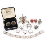 Antique and later silver and white metal jewellery including rings set with semi precious stones,