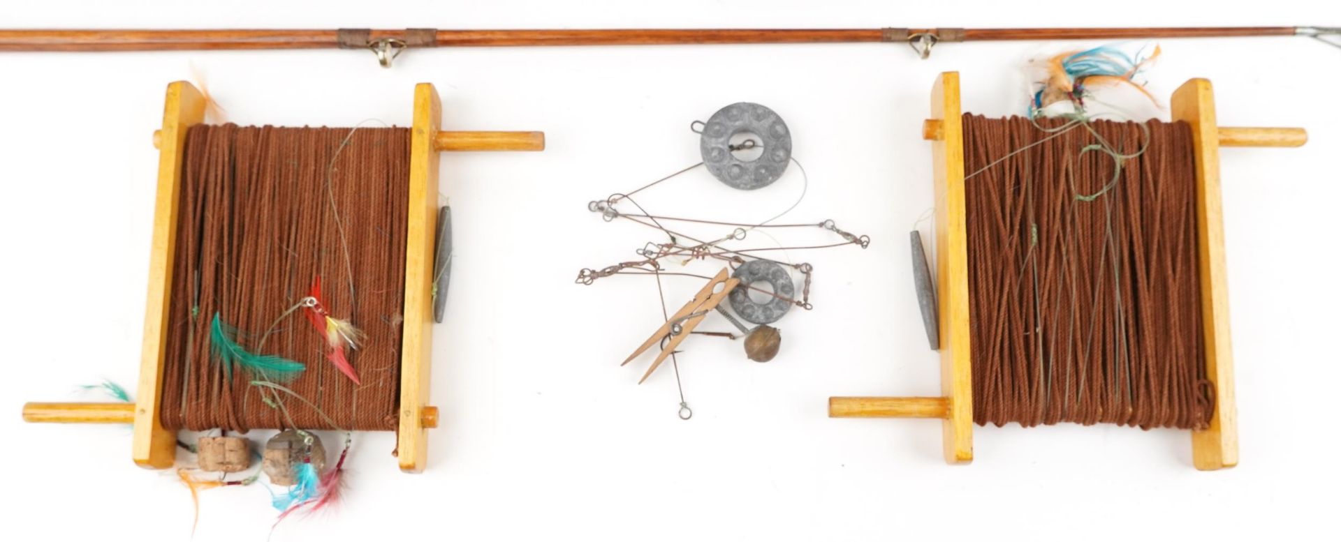 Vintage sporting interest fishing tackle including two reels, two hand lines and flies - Image 5 of 6