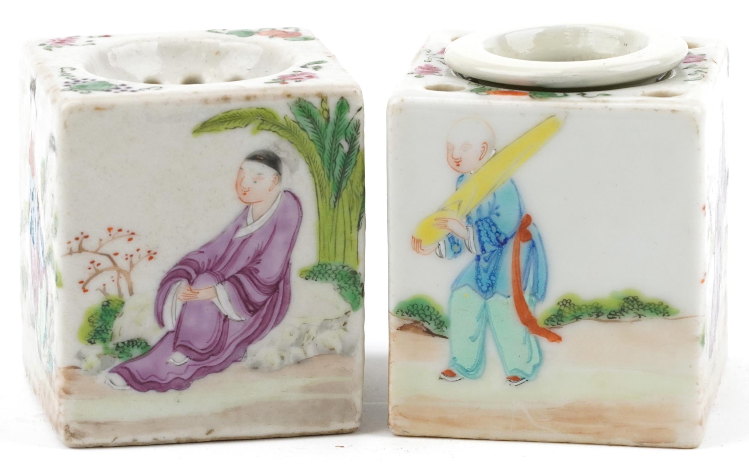 Pair of Chinese square section porcelain desk items hand painted in the famille rose palette with - Image 3 of 6