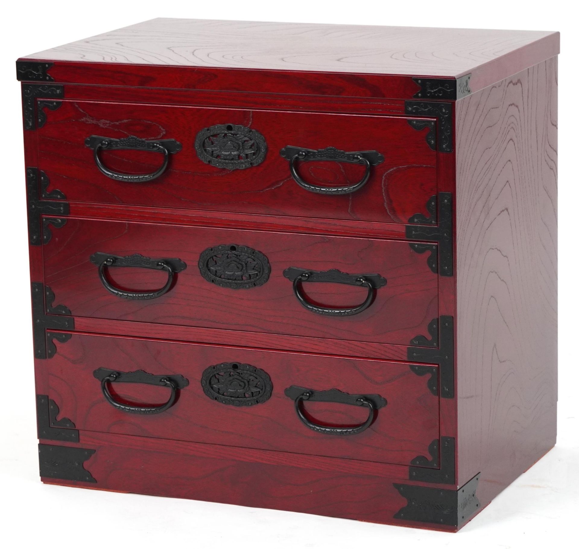 Chinese cherry wood type three drawer chest with cast black metal mounts, 57cm H x 60cm W x 40.5cm D