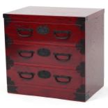 Chinese cherry wood type three drawer chest with cast black metal mounts, 57cm H x 60cm W x 40.5cm D