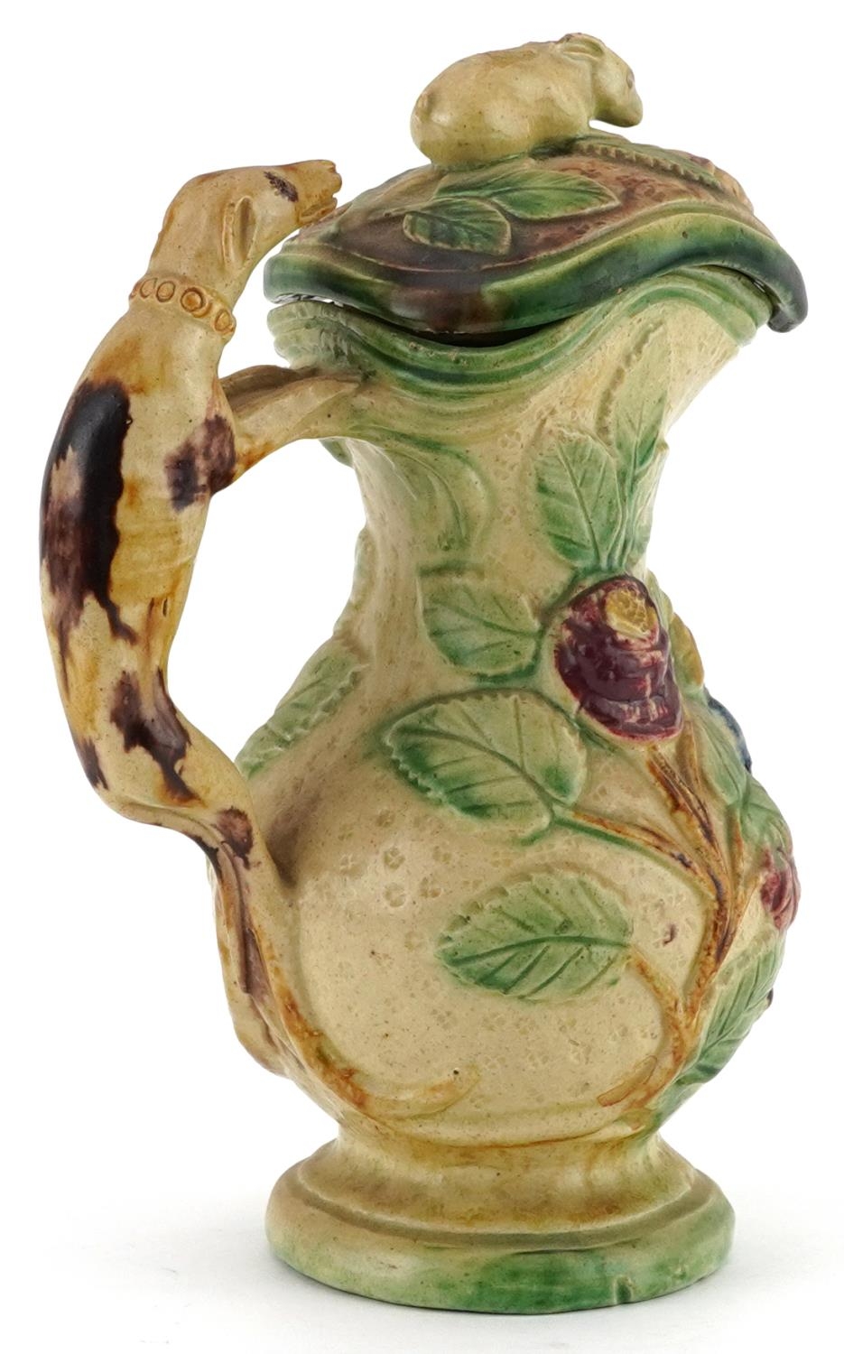 19th century Majolica lidded jug with handle in the form of a Greyhound, decorated in relief with - Image 3 of 5