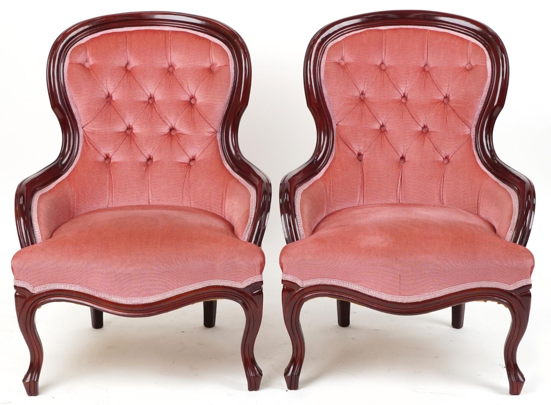 Pair of Victorian style mahogany bedroom chairs with salmon button back upholstery, each 82cm high - Bild 2 aus 4