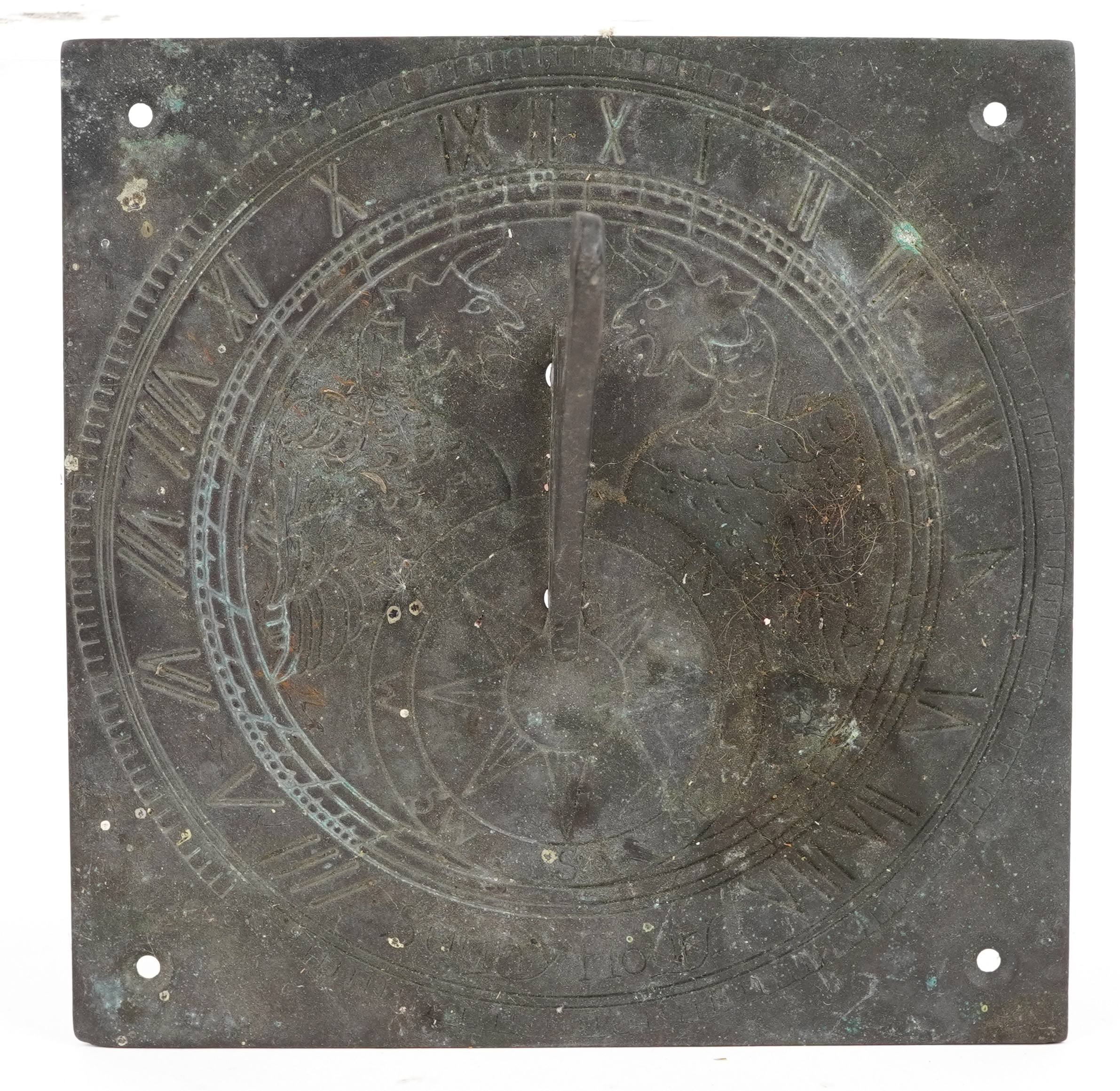 Antique verdigris patinated bronze sundial engraved with griffins, 16cm x 16cm - Image 3 of 4