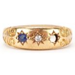 Edwardian 18ct gold diamond and sapphire ring with engraved shoulders, Chester 1901, size N, 2.3g