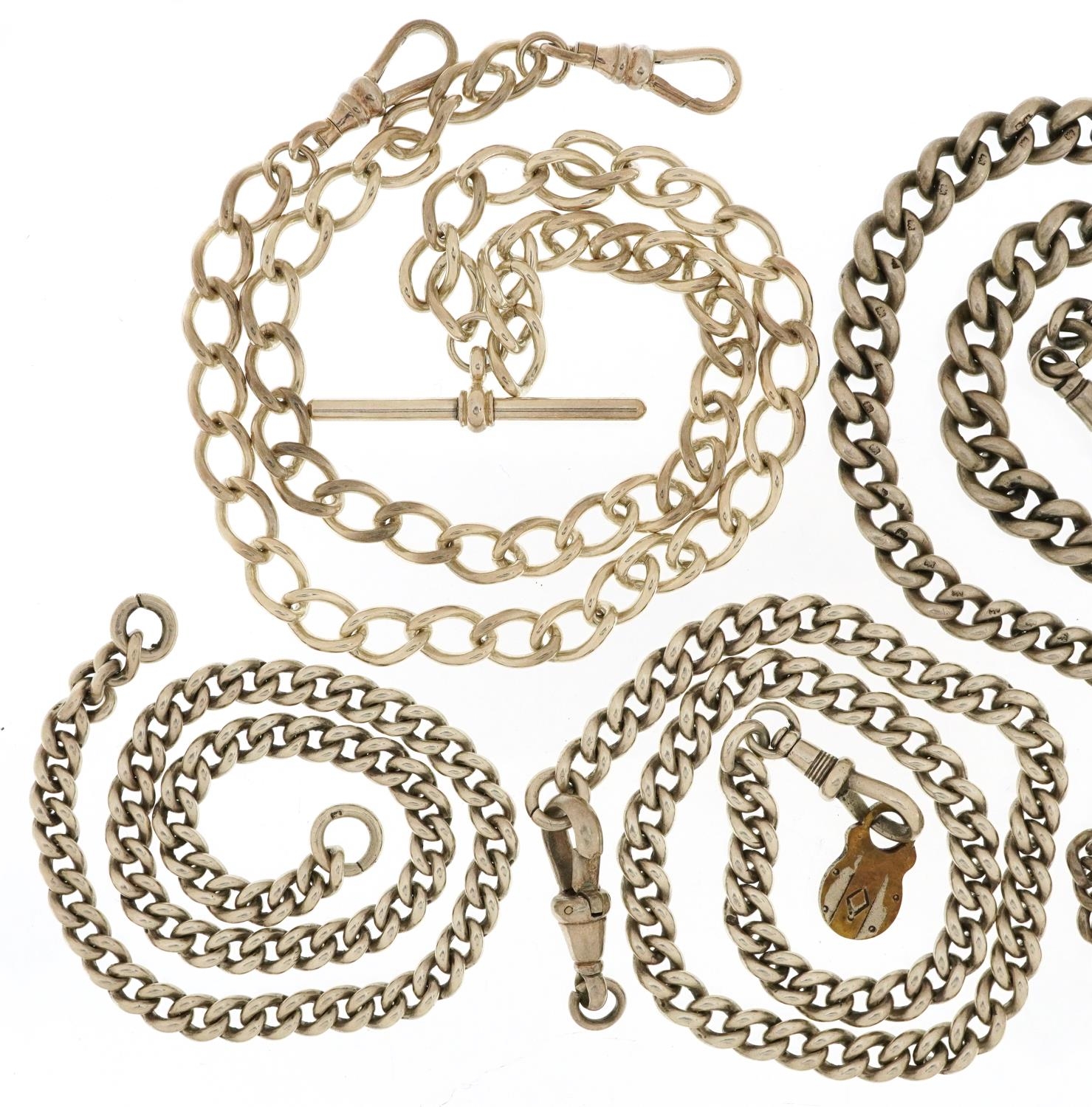 Four silver watch chains, three with T bars, the largest 58cm in length, total 169.5g - Image 2 of 3