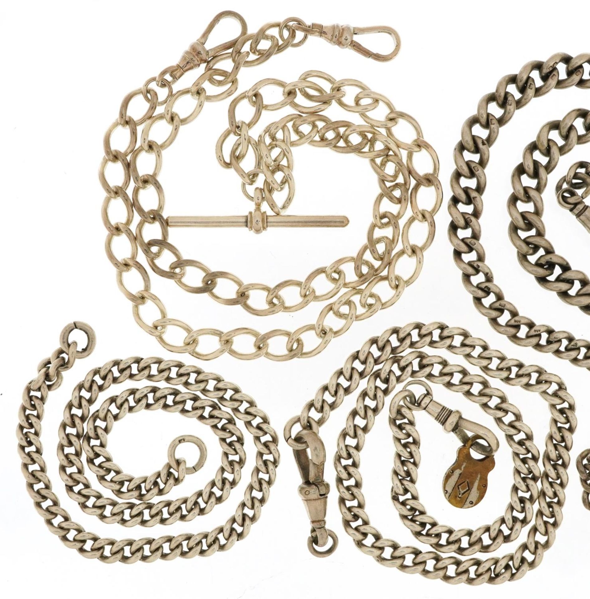 Four silver watch chains, three with T bars, the largest 58cm in length, total 169.5g - Bild 2 aus 3