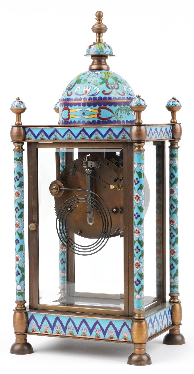 French champleve enamel and brass four glass mantle clock striking on a gong, the enamelled dial - Image 4 of 6