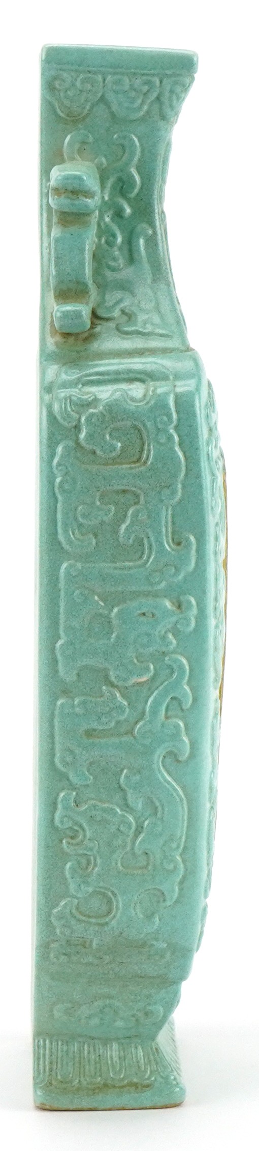 Chinese porcelain wall vase with animalia handles having a turquoise glaze hand painted with - Image 7 of 10