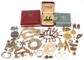 Antique and later jewellery and wristwatches including Victorian gold plated bracelet with love