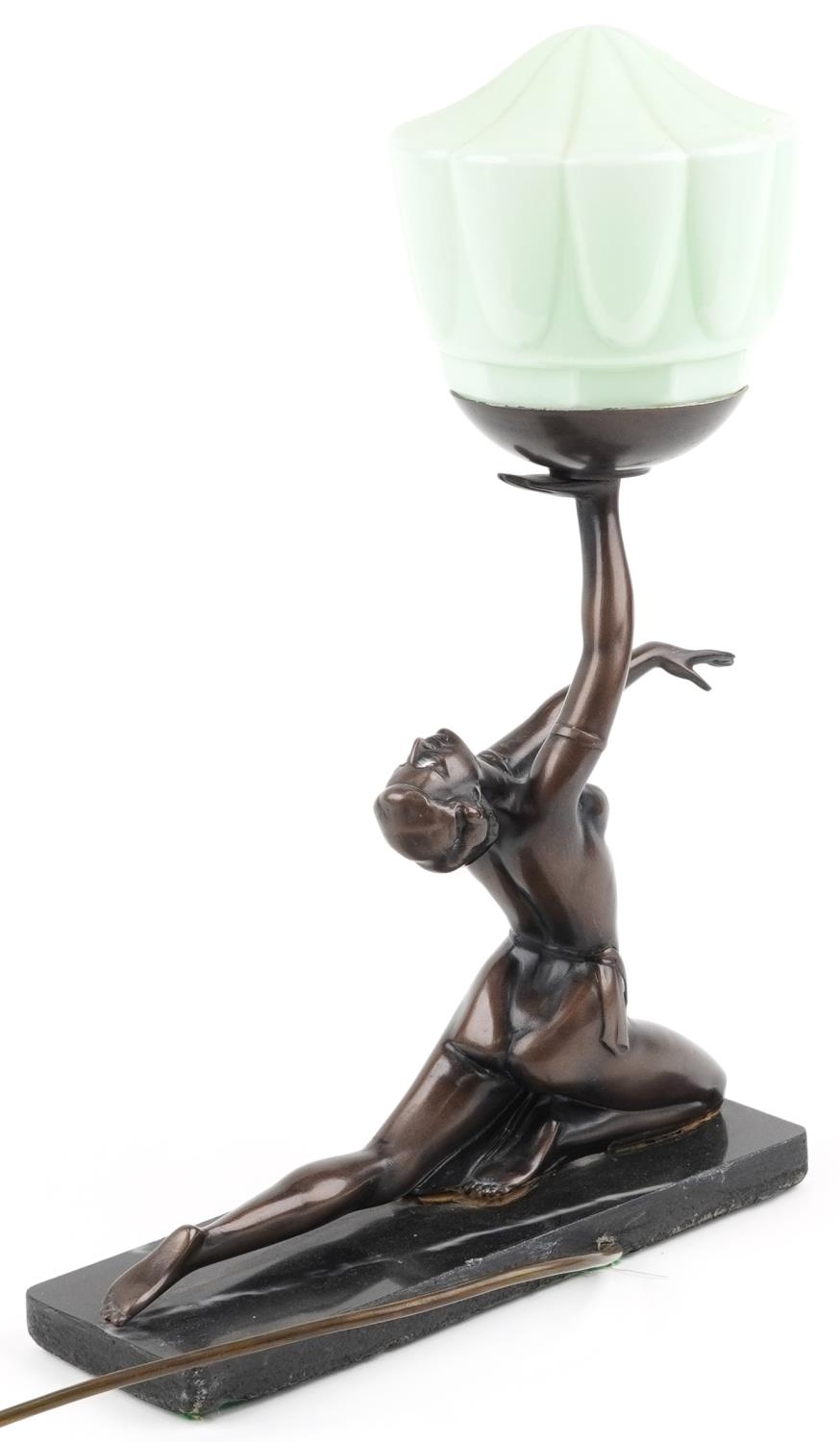 Art Deco style bronzed figural table lamp with green glass shade in the form of a semi nude female - Image 3 of 4