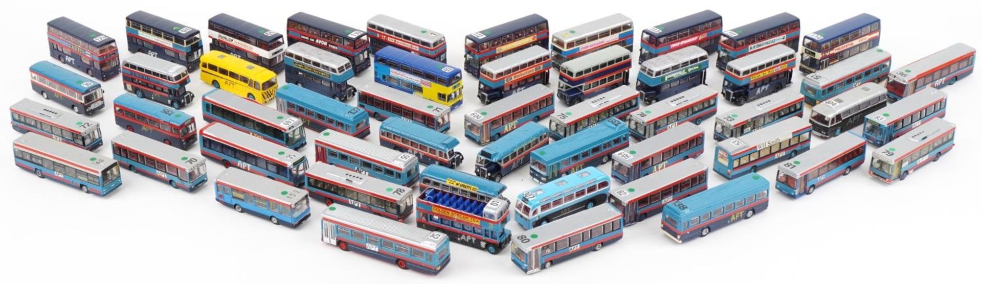 Large collection of diecast model buses, predominantly Corgi and Exclusive First Editions