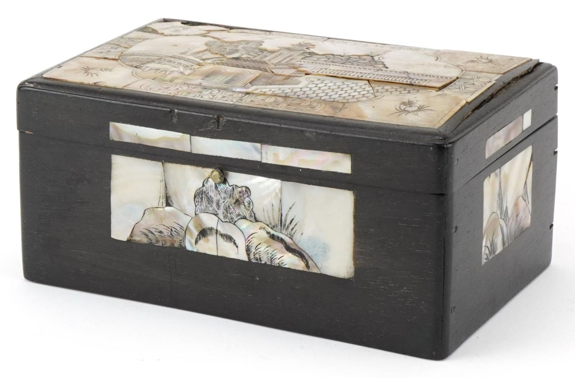 Ebony mother of pearl inlaid box decorated with panels of leaves, the top decorated with a panel