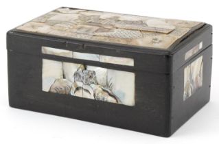 Ebony mother of pearl inlaid box decorated with panels of leaves, the top decorated with a panel