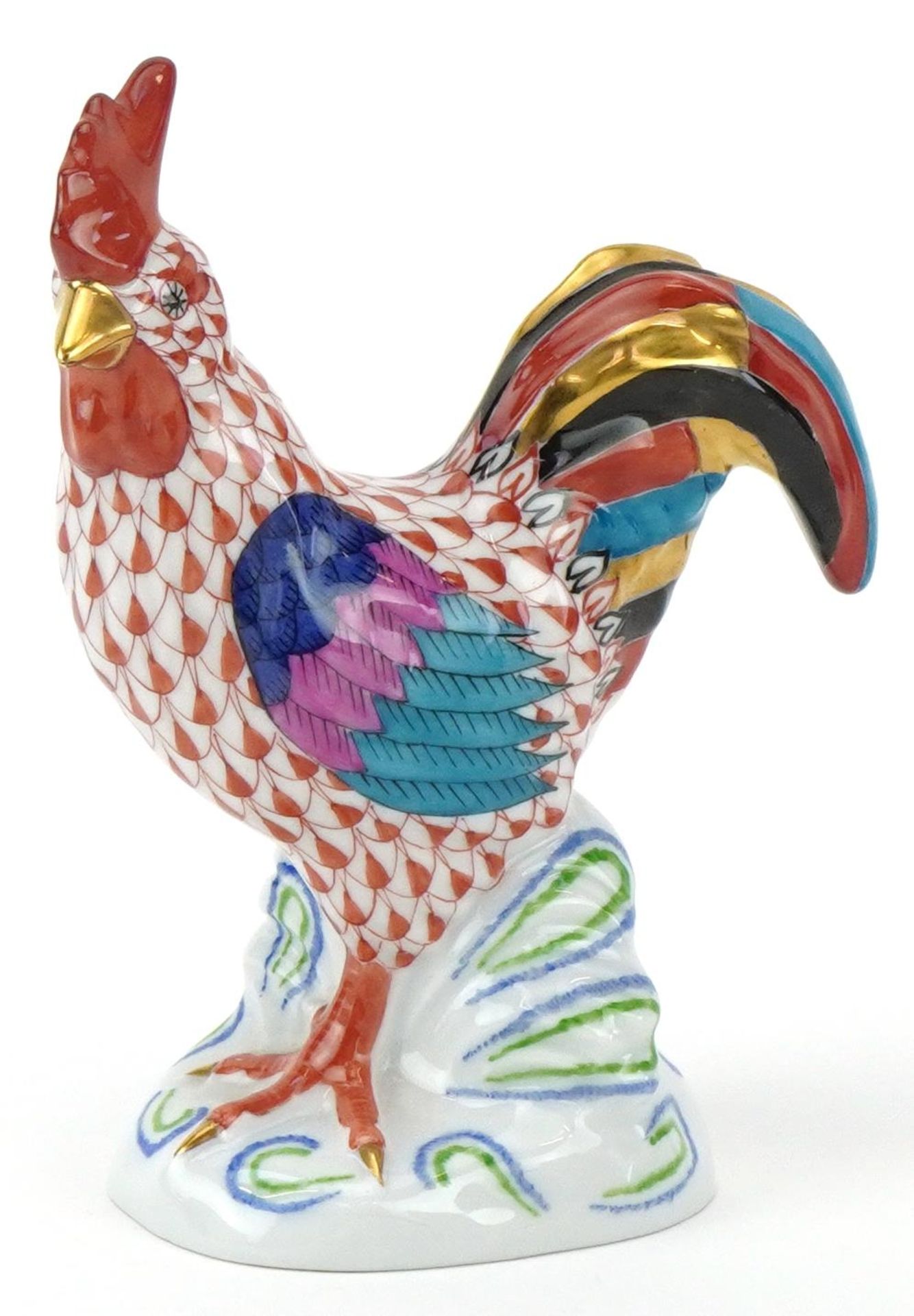 Herend, Hungarian hand painted porcelain fishnet pattern rooster, numbered 5032, 14.5cm in length