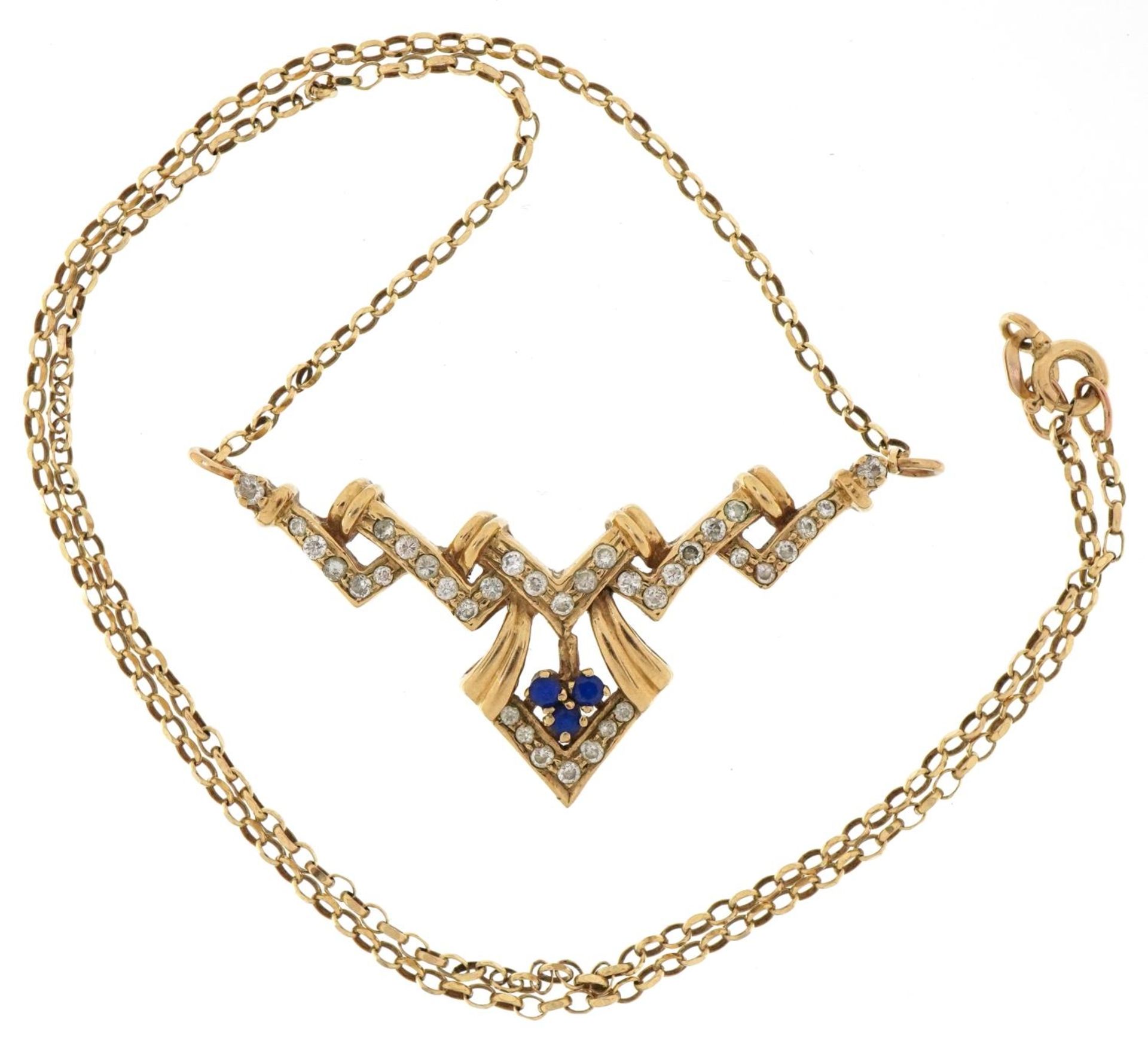 Art Deco style 9ct gold clear stone and blue spinel necklace, 40cm in length, 6.0g - Bild 2 aus 4