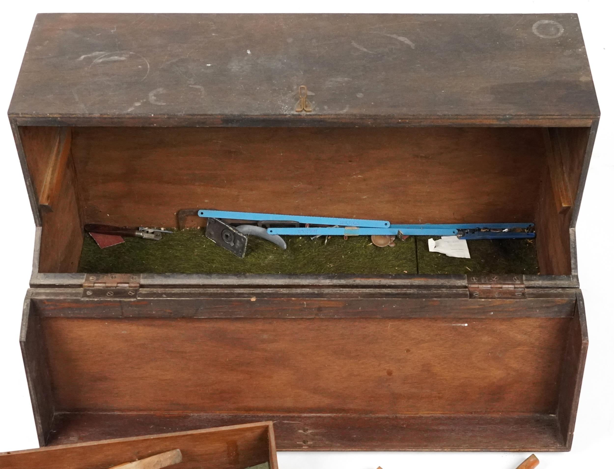 Antique and later woodworking tools housed in a stained pine carpenter's box, 76cm wide - Image 3 of 5