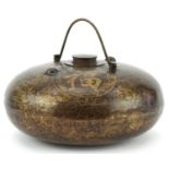 Chinese bronzed metal flask decorated with script and flowers, 20cm in diameter