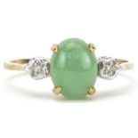 9ct gold cabochon green stone and diamond three stone ring, size Q, 2.2g