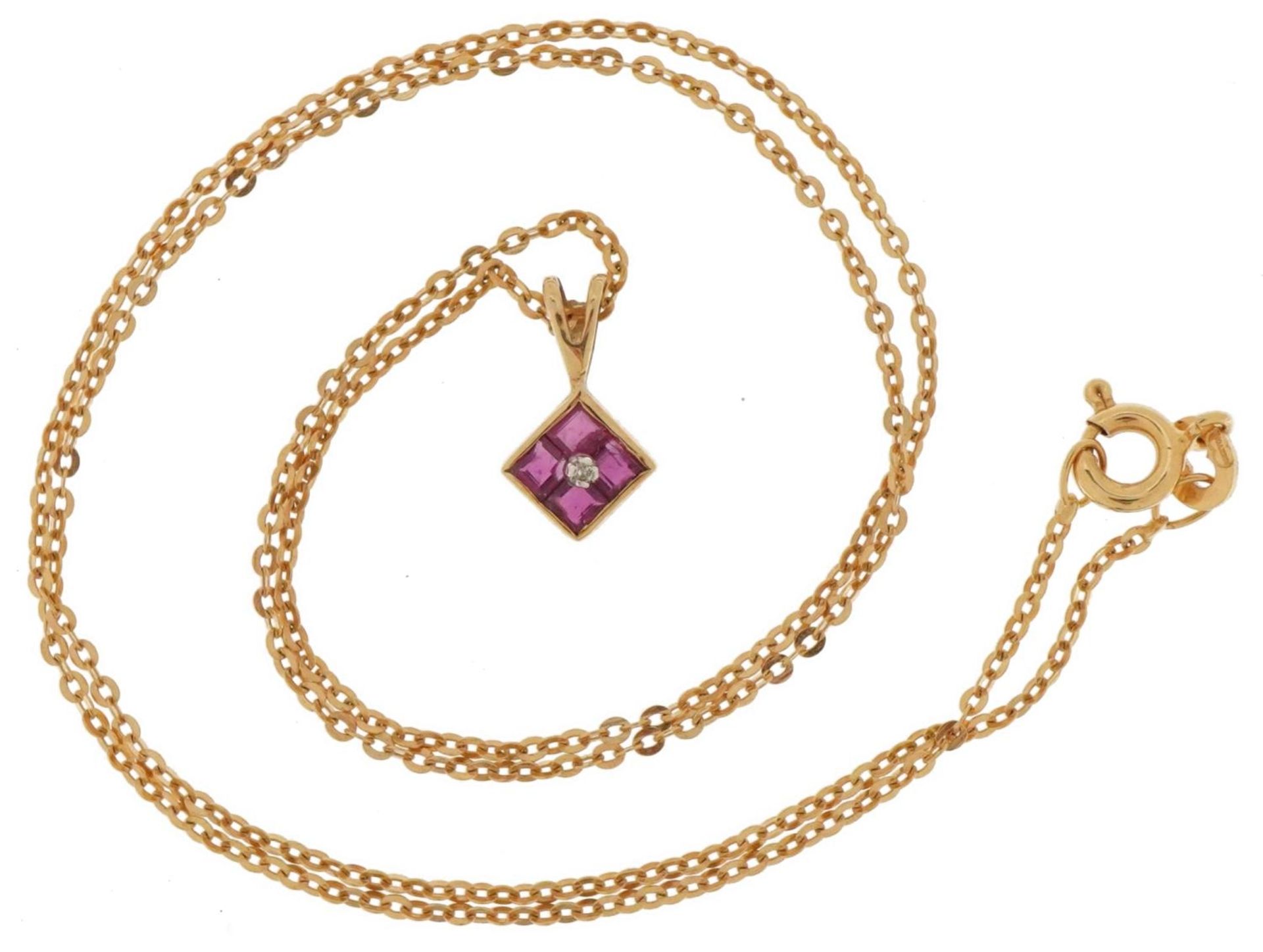 9ct gold pink spinel and diamond pendant on a Italian Unoaerre 14ct gold necklace, 1.3cm high and - Image 2 of 4