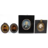 Four hand painted portrait miniatures and photographs, two housed in ebonised frames, including an