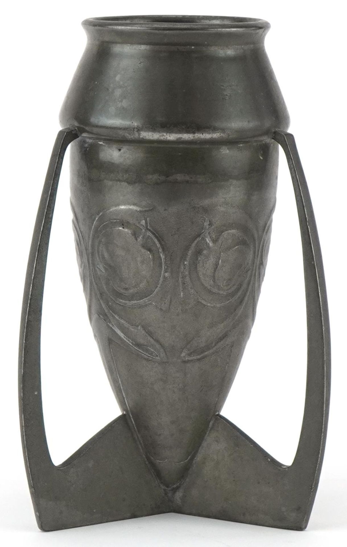 Archibald Knox Liberty design pewter vase decorated with flowers, impressed number O226, English