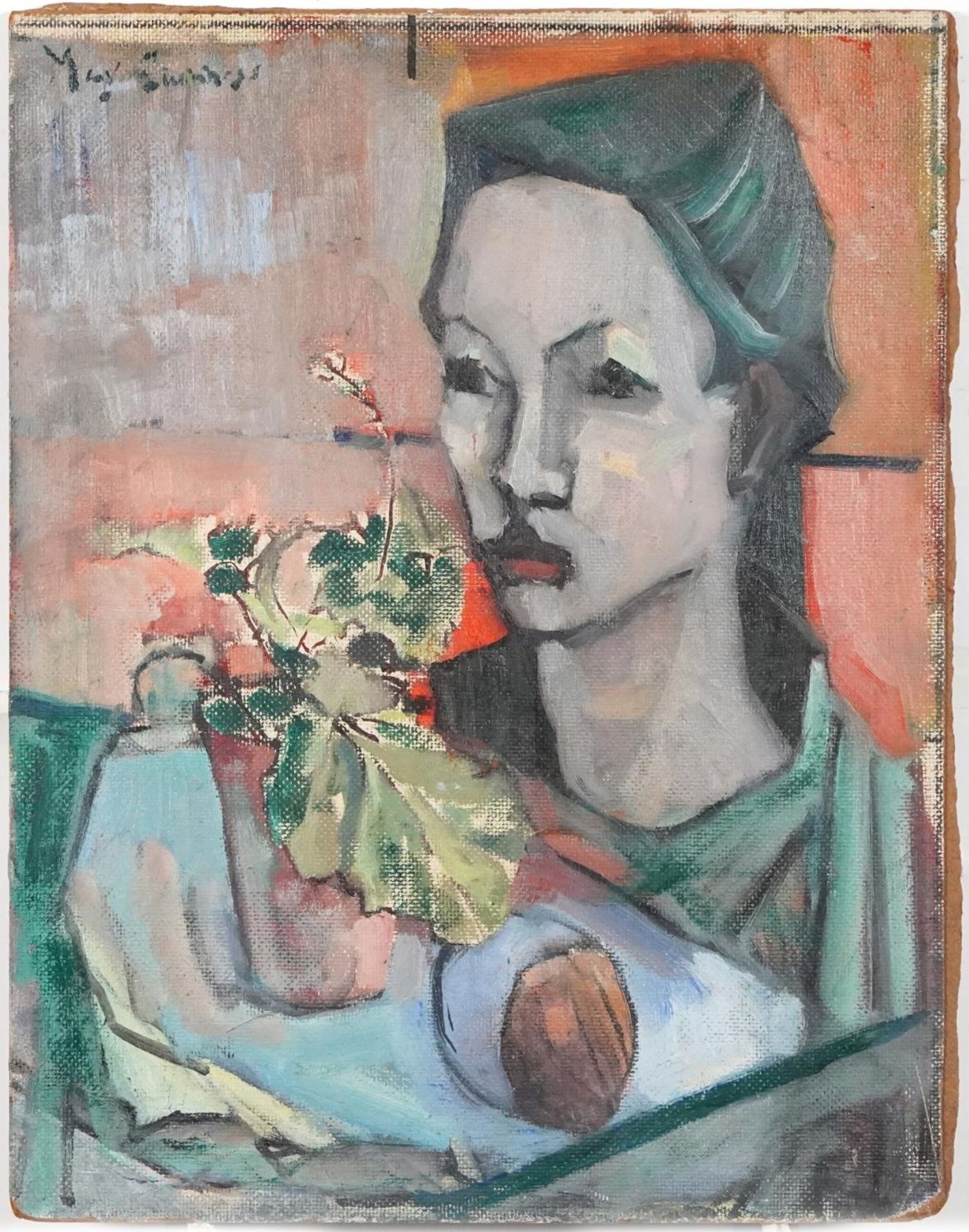 Portrait of a young female in an interior, oil on board, unframed, 46cm x 36cm - Image 2 of 4