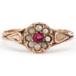 Antique 9ct rose gold pink stone and seed pearl flower head cluster ring, size L/M, 0.5g