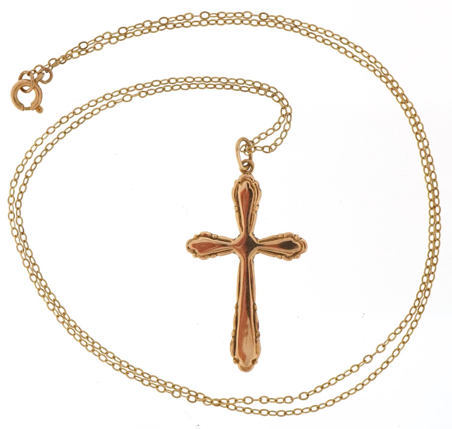 9ct gold cross pendant on a 9ct gold necklace, 3.5cm high and 48cm in length, total 1.7g - Image 2 of 3