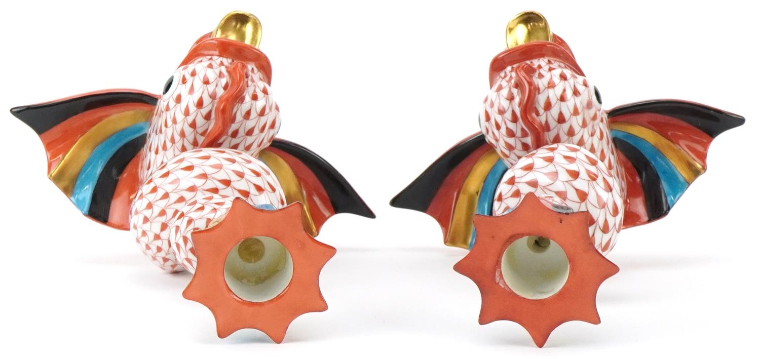 Herend, pair of Hungarian hand painted porcelain fishnet pattern candlesticks in the form of - Image 3 of 4