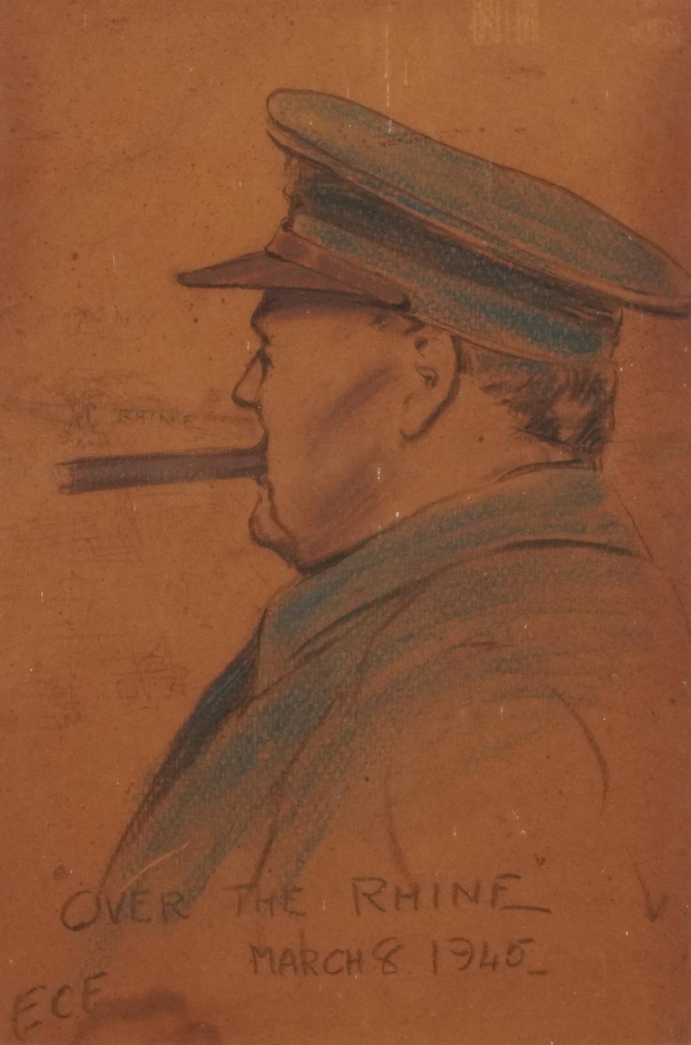 E C F - Winston Churchill, Over the Rhine, March 8th 1945, charcoal and crayon sketch, mounted and