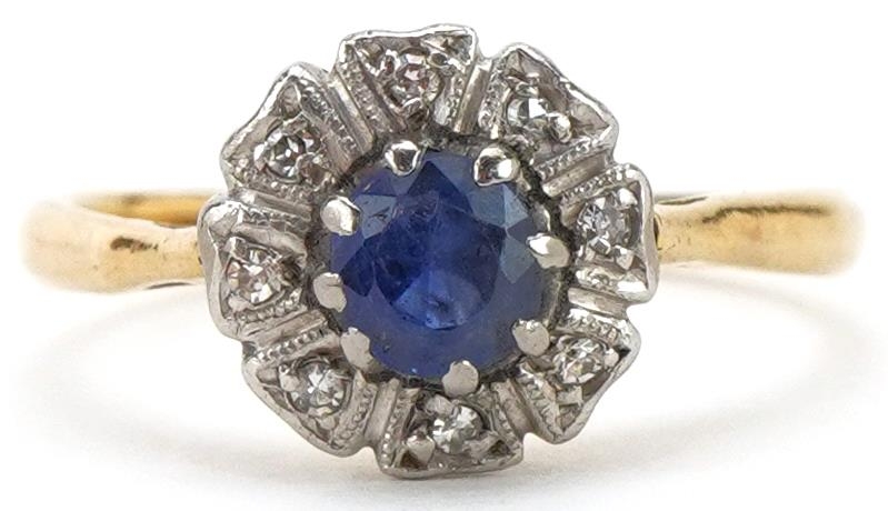 18ct gold and platinum sapphire and diamond flower head ring, size L, 2.2g