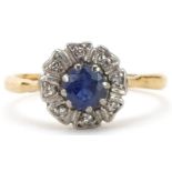 18ct gold and platinum sapphire and diamond flower head ring, size L, 2.2g